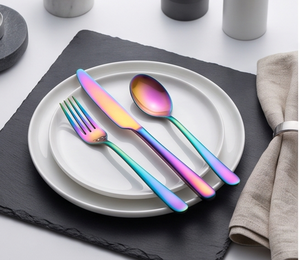 ชุดช้อนส้อมสแตนเลสเคลือบ PVD สีรุ้ง ดีไซน์ทันสมัย ผิวเงา ทนทาน ด้ามจับยาว ใช้สำหรับงานเลี้ยง - Product Image 6
