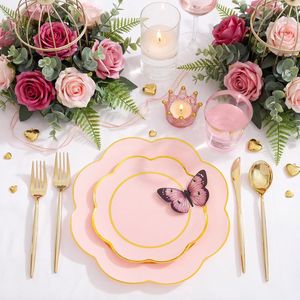 Ensemble de vaisselle jetable rose robuste de 180 pièces avec couverts dorés et argentés, vaisselle blanche et 30 décorations de table pour fêtes - Product Image 5