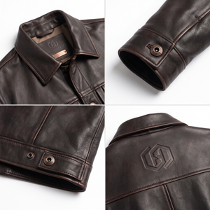 Chaqueta de Cuero Marrón Vintage OEM Personalizada Unisex de Cuero Encerado de Cobre, Corte Recto, Estilo Trucker, 1.1mm Tipo II, Talla 3XL - Product Image 4