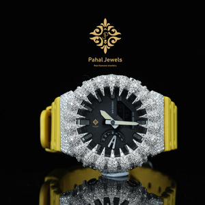 นาฬิกาข้อมือ Pahal Jewels ประดับเพชรหรูหรา หน้าปัดควอตซ์ ขนาด 46 มม. จอแสดงผลแบบอนาล็อก-ดิจิตอล แสดงวันที่ สายสีทองเหลือง สำหรับผู้ชาย กันน้ำได้ - Product Image 1