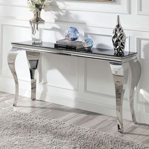 Glamorous Contemporary 1-Piece <b>Console</b> <b>Table</b> <b>Black</b> Glass Top Stainless Steel Cabriole Style Legs Silver Color for Living Room - Product Image 1