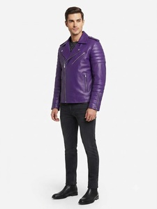 Men's <b>Purple</b> Leather Moto Jacket with Zipper Closure Canvas Stand Collar <b>Cow</b> Skin Slim Fit Biker Style Winter Wear Front Logo - Product Image 4