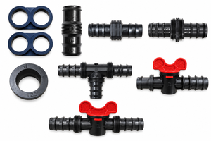 Garden Water Connector Set 16-35mm Barb Fittings Y Connectors Red Valves for Irrigation Systems Virgin Plastic ISO Certified - Product Image 1