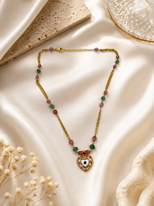 Collar Personalizado con Baño de Rodio, Colgante de Corazón, Múltiples Piedras Preciosas, Cuarzo Rosa, Ágata Verde, Cadena con Cuentas, Joyería Fina para Mujer - Product Image 3