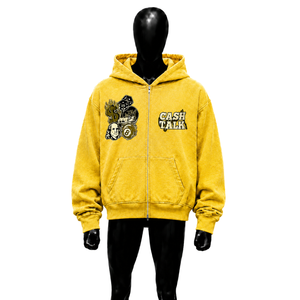Sudadera con capucha con cremallera amarilla con estampado gráfico oversize para hombre, estilo casual de forro polar con cremallera frontal, corte regular, estilo otoñal, vintage. - Product Image 1