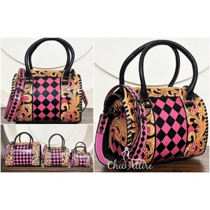 Stylish Latest Pattern Handcrafted Cow Leather Speedy <b>Bag</b> for Women Pink Checkered Handbag Crossbody Duffel Perfect for Travel - Product Image 1