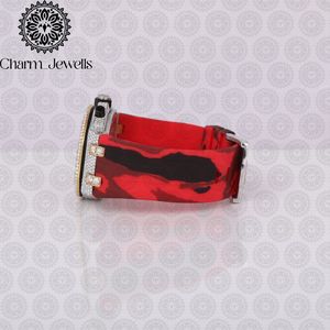 Charm_Jewells Luxury Women's Watch <b>Red</b> Camouflage Leather Band Stainless Steel Case Diamond Encrusted Analog Quartz Movement - Product Image 4