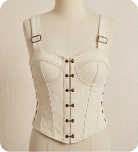 Vintage Strapless Corset <b>Top</b> With Lace Up Front Button Detail Fitted Bodycon Style Solid Color Breathable Woven Fabric - Product Image 4