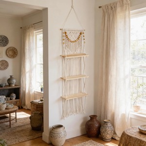 Handmade Three Tier Macrame Wall <b>Shelf</b> With Wooden Platforms For Books Plants Candles Storage And Display Wholesale From India - Product Image 6