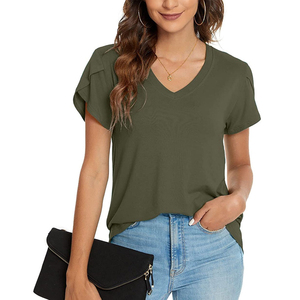 Camiseta Casual de Manga Corta con Cuello en V para Mujer, Corte Ajustado, Color Liso, Anti-Pilling, Transpirable, con Logotipo Personalizable - Product Image 1