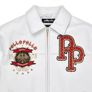 แจ็คเก็ตหนัง Pellepelle แจ็คเก็ตบอมเบอร์หนังสีขาวสำหรับผู้ชาย ปักโลโก้ สตรีทแวร์ ฤดูใบไม้ร่วง ปกคอพับ ซิปด้านหน้า OEM - Product Image 2