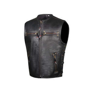 Gilet en cuir pour homme, style motard, en cuir de vachette véritable, noir, effet crocodile, sans manches, avec fermeture éclair. - Product Image 5