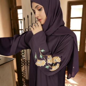 Dark Purple Modest Abaya Floor Length Long Sleeve High Neck Solid Pattern Beaded Details Women's <b>Prayer</b> <b>Dress</b> Middle East Style - Product Image 2