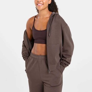 Sudaderas con capucha de cierre completo al por mayor con logo personalizado para mujer, de hombro caído, 100% algodón polar, ajuste regular, transpirables - Product Image 5