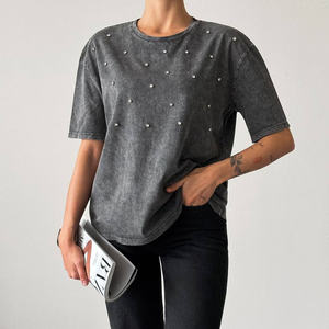 Vintage Washed Grey Rhinestone <b>Studded</b> T Shirt Oversized Streetwear Faded Tee Custom Logo Wholesale - Product Image 2