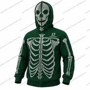 Men’s Dark Green Rhinestone Skeleton Hoodie <b>Jacket</b> with Full Zip Balaclava Mask Crystal Skull Bone Design <b>Gothic</b> Hip Hop Hoodie - Product Image 2