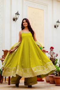 Designer Embroidery And Real Mirror Work Bandhani Vichitra <b>Silk</b> Gown With Plazzo Bottom And Lehariya Dupatta Ready To Wear Set - Product Image 1
