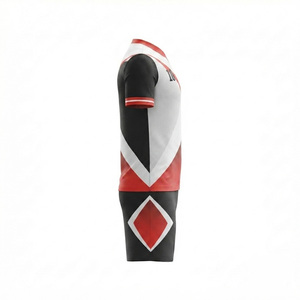 Ensemble de maillot de football pour hommes, sublimé, col en V, manches courtes, 100% polyester respirant, design géométrique, rouge, noir, blanc - Product Image 4
