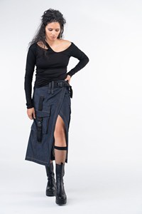 Jupe midi en jean asymétrique pour femme GRACE COLLECTION, avec ceinture simple, délavée, bleu foncé, coupe classique, pour l'hiver - Product Image 2