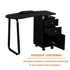 Table de manucure portable moderne en bois avec plateau carré, 2 tiroirs, 1 porte, repose-main et roulettes - Product Image 3