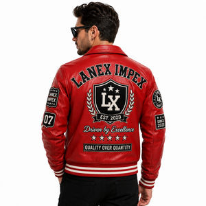 Custom Red <b>Leather</b> Varsity <b>Jacket</b> <b>Men</b> Embroidered Letterman Bomber <b>Jacket</b> with Chenille Patches OEM ODM Wholesale Manufacturer - Product Image 4