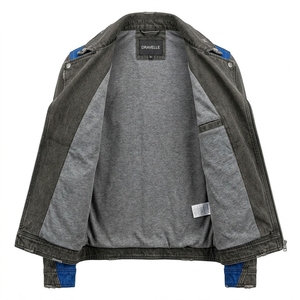 Blouson Biker en Jean Patchwork Bleu Royal Effet Vieilli pour Homme, Fermeture Éclair Croisée Asymétrique Gris Anthracite Délavé, Style Rétro Motard - Product Image 5