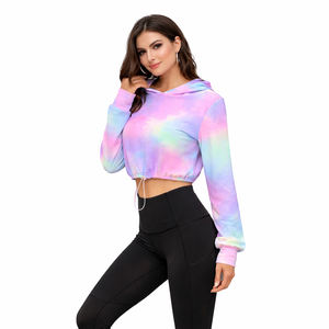 Sweat-shirt à capuche court tie-dye pastel pour femme, manches longues, cordon de serrage, streetwear décontracté, logo personnalisé - Product Image 3