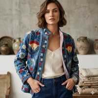 Blouson Bomber en Velours Tricoté Matelassé Brodé Suzani, Fait Main, Motif Floral Bohème, Manches Longues, Automne, Nylon, Lettres