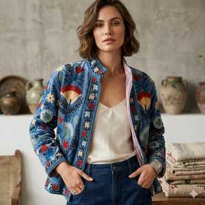 Suzani Embroidered Quilted Knitted Velvet Bomber <b>Jacket</b> Handcrafted Floral Boho Statement Wear Full Sleeve Autumn Eco-Friendly - Product Image 4