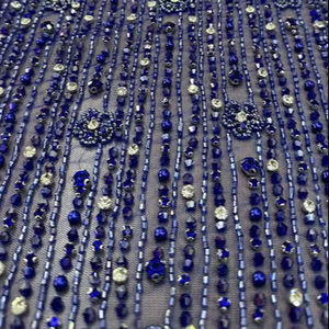 Tissu en Tulle Brodé de Perles et Paillettes Bleu Royal Fait Main, Prix Usine, Vente en Gros, Broderie de Luxe pour Robe de Mariée Africaine Aso Ebi - Product Image 1