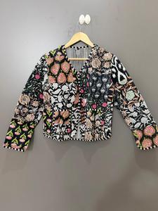 Green Reversible Breathable <b>Quilted</b> <b>Jacket</b> Floral Print Mandarin Collar Three Quarter Sleeve Cotton Women's Winter Autumn Coat - Product Image 4