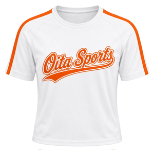 Maillot de cheerleading blanc et orange à manches courtes, haut d'uniforme sportif pour équipes, entraînement et compétition - Product Image 1