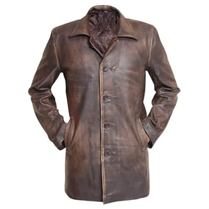 Manteau long en cuir véritable pour homme, col à revers, simple boutonnage, épais, sur mesure - Product Image 1
