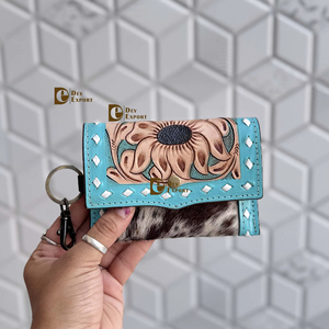 High Quality Cowhide fur Leather New Hand Tooled Carving <b>Small</b> Coin <b>Purse</b> Multi Uses Mini Wallet for Women Western Gifts - Product Image 1