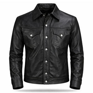 Chaqueta de Cuero Genuino Negra para Hombre, Chaqueta de Cuero Casual con Botones al Frente, Chaqueta de Cuero Clásica a la Moda, Fabricante Personalizado - Product Image 1