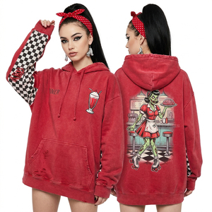 เสื้อฮู้ดดี้ทรงหลวมสีแดงสำหรับผู้หญิง ลายกราฟิกพนักงานเสิร์ฟซอมบี้ ลายตารางหมากรุก แขนเสื้อตัดกัน สไตล์สตรีทแวร์ แต่งขาดๆ แบบยาว - Product Image 1