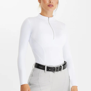 Haut d'équitation à manches longues pour femme, blanc, respirant, en tricot, spandex, polyester, taille haute, vêtements d'équitation - Product Image 1