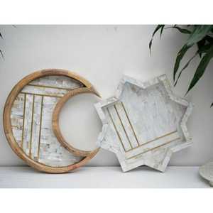 Plateau décoratif en bois avec incrustation de nacre, style bohème, rond, motif étoile, pour la maison, l'hôtel, le restaurant, Ramadan - Product Image 2
