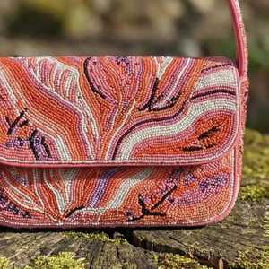 Hand-Beaded Abstract Floral Shoulder Bag - Coral Orange, Pastel Pink, and Mauve - Product Image 2