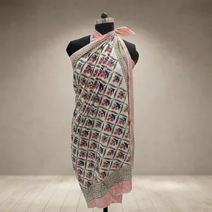 Hand Block Printed Cotton Fabric with <b>Red</b> Blue Floral Grid Motifs and Geometric Border for <b>Saree</b> Kurti Dressmaking - Product Image 2
