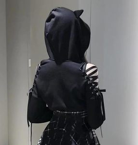 Sudadera Corta con Capucha para Mujer, Color Negro Sólido, Manga Larga, Tejido de Algodón, Estilo Gótico, con Cordones en el Hombro, para Otoño e Invierno - Product Image 2