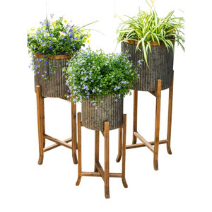 Macetas de Metal Galvanizado con Soportes de Madera, Estilo Rústico, Decoración de Jardín Interior y Exterior, Soportes para Macetas de Hierro Resistentes a la Intemperie - Product Image 1