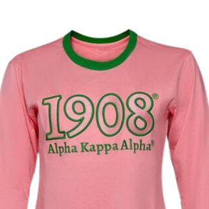 เสื้อยืดแขนยาว AKA Year Twill สีชมพูพร้อมตัวอักษรกรีกสีเขียว ปักลายปี 1908 เสื้อผ้าสำหรับชมรมนักศึกษา - Product Image 5