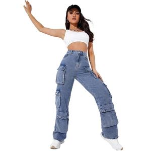 Pantalones Vaqueros Cargo de Cintura Alta para Mujer, de Pierna Ancha, con Múltiples Bolsillos, Cierre de Botones, Estilo Urbano, Personalizables - Product Image 6
