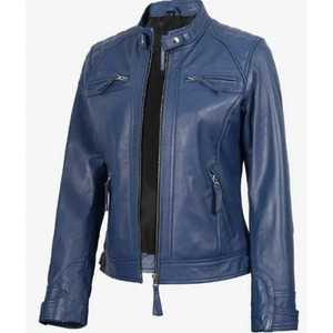 Veste de moto en cuir véritable bleu pour femme, col montant, fermeture éclair, coupe ajustée, style motard avec plusieurs poches - Product Image 6
