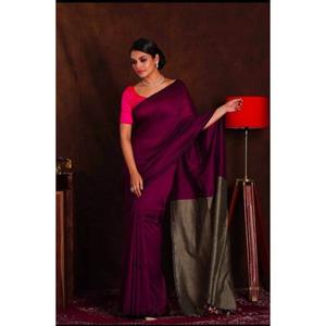 TREANDING KHADI ALGODÓN LISO SAREE CON BLUSA SIN COSTAR VINO - Product Image 1