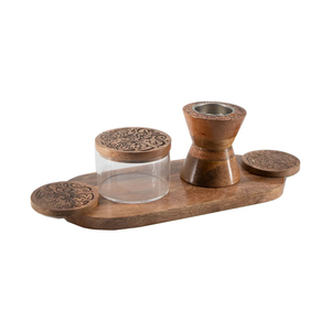 Ensemble artisanal de brûleurs d'encens en bois avec des gravures de calligraphie complexes, un pot de rangement transparent, des sous-verres et une base de service - Product Image 2