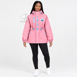 Jack And Jill Of America Chaqueta impermeable con capucha rosa para mujer, cortavientos con cremallera completa, cintura ajustable con cordón, abrigo tipo anorak para exteriores - Product Image 5