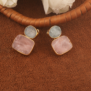 Aquamarine and Rose Quartz Drop <b>Earrings</b> 18K Gold Plated Brass Engagement Jewelry Unique Trendy Minimalist Fancy Design - Product Image 3