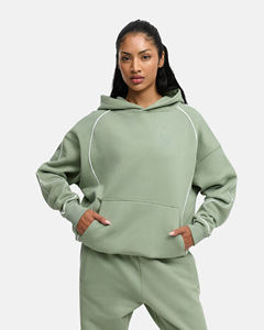 Vente en gros OEM – Sweat à capuche et sweat-shirt personnalisés pour femme en molleton de coton, coupe décontractée avec épaules tombantes et poche frontale, passepoil blanc contrastant - Product Image 1